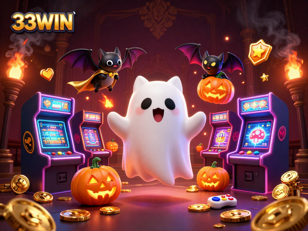 Experience thrilling gameplay at 33WIN with a lively 3D illustration of a ghost cat in a casino