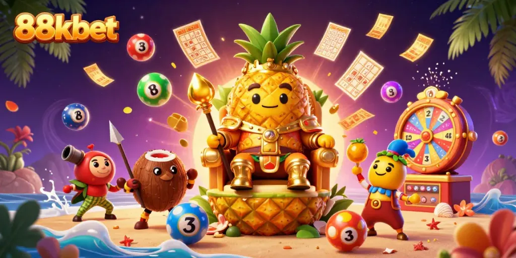 Experience the vibrant gaming world of 88kbet with a whimsical 3D casino scene featuring engaging characters and dynamic elements.