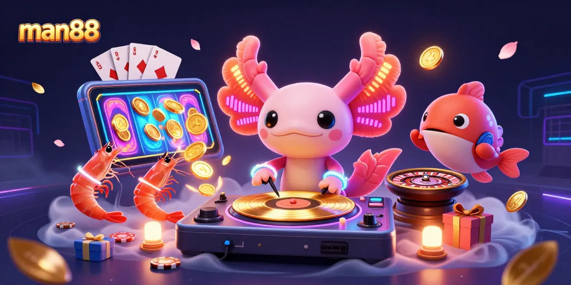 Experience the vibrant energy of man88 through a colorful 3D casino illustration featuring an axolotl DJ and gaming elements.