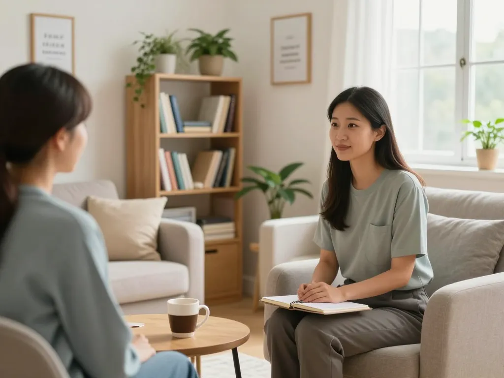 An inviting therapy room focusing on mental health; featuring a professional engaging with a patient about 焦慮症, warm lighting, calming decor, and personal touches that promote a supportive atmosphere.