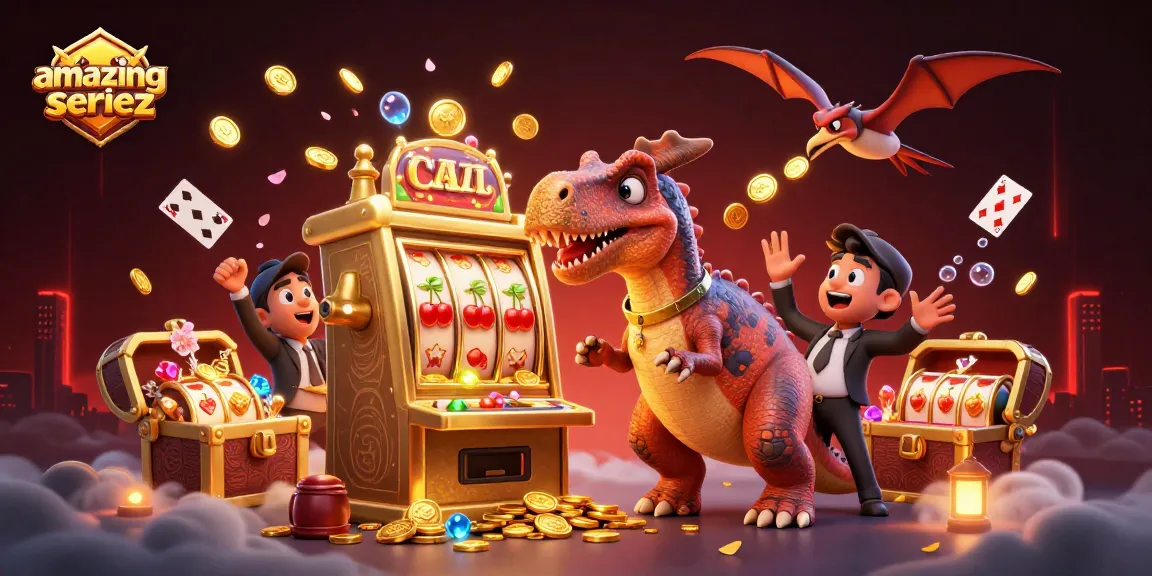 Win big with amazingseriez while a pachycephalosaurus celebrates a jackpot at a golden slot machine.