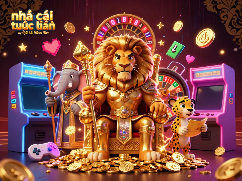 A visual representation of nhà cái trực tuyến uy tín tại Việt Nam showcasing a king lion with golden coins, surrounded by a wise elephant and a cheetah, incorporating casino elements.