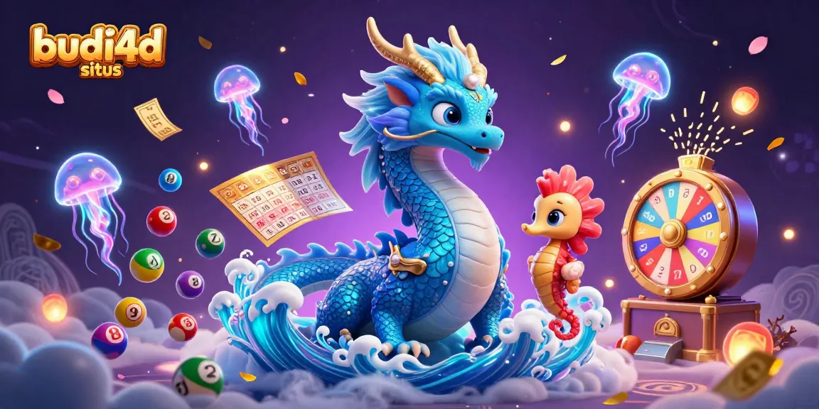 Budi4d situs showcases a vibrant casino scene with lively gaming elements, surrounded by colorful lottery balls and a majestic dragon.