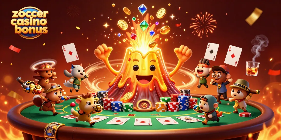 Experience the excitement of Zoccer Casino bonus amidst a vibrant 3D casino scene of treasures and poker elements.