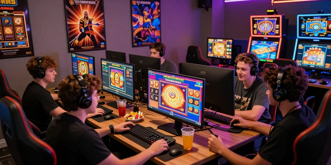 Players enjoying slot depo 5000 at an interactive gaming setup, vibrant atmosphere with multiple screens, snacks, and drinks.