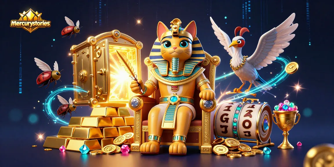 Engage with mercurystories through vibrant slot games surrounded by treasures, featuring a cartoon Egyptian pharaoh and mystical elements.