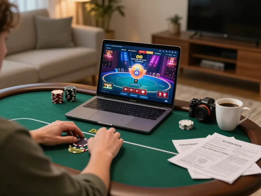 Player analyzing poker strategies on xx88 platform in a cozy home setup for online gambling