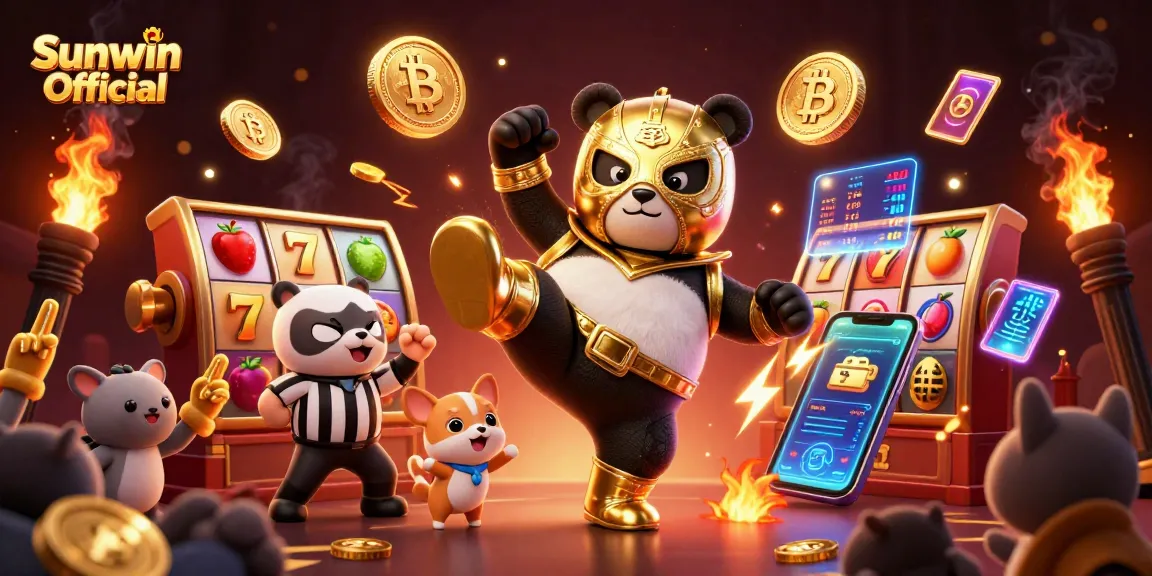 Bet big with Sunwin Official where a panda wrestler strikes a winning kick above slot reels and crypto coins.