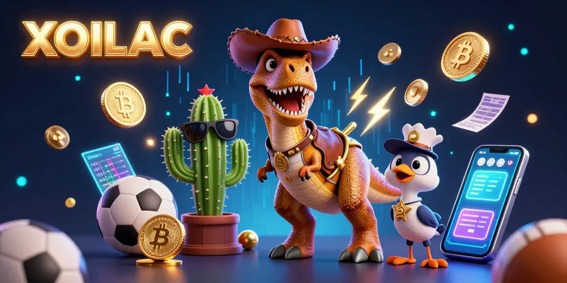 Bet on exciting matches with XOILAC, showcasing a dynamic 3D illustration of a dinosaur and reinforced gambling elements.