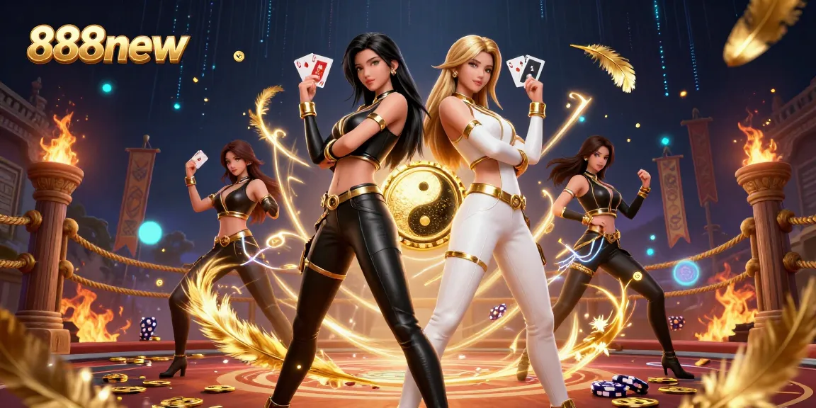 Experience thrilling gameplay at 888new with stunning Asian models holding cards in a richly illustrated casino.