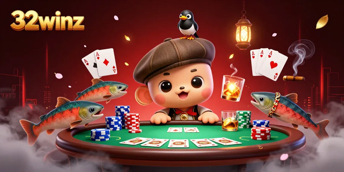 32winz features thrilling poker action with cartoon Nessie and friends amidst colorful game elements.