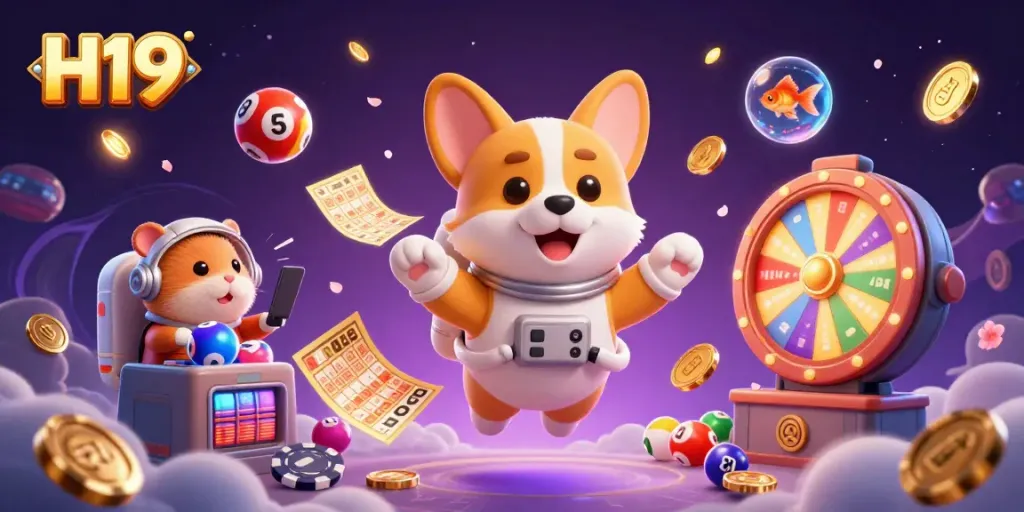 Experience the fun at H19 casino with a floating astronaut corgi among floating poker chips and lottery balls!