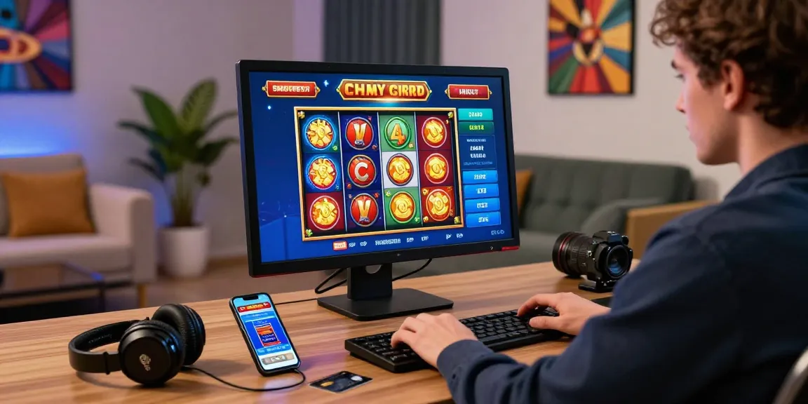 Credit card casino gaming at https://saintnicolasplace.co.uk with colorful slot graphics, player at modern desk.