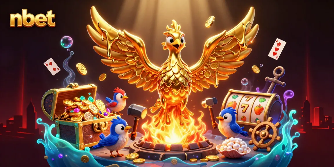 Play slots and win with nbet's vibrant 3D golden phoenix and treasure-filled scene.