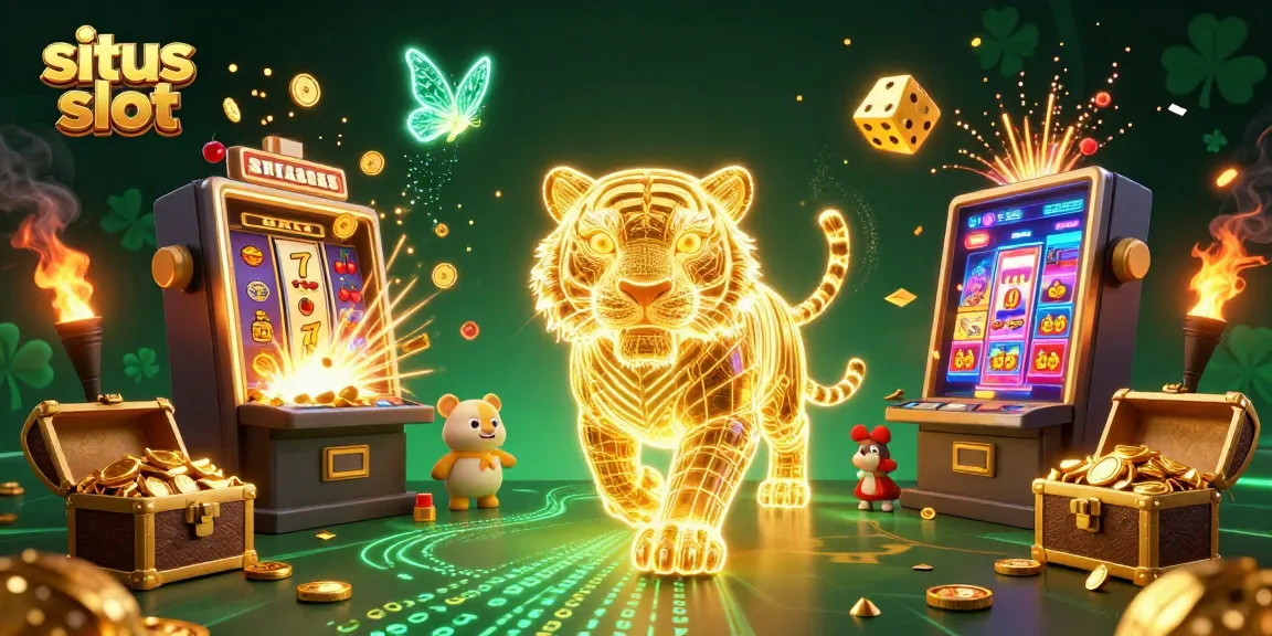 Exciting situs slot visual showcasing a vibrant neon tiger and jackpot explosion in a digital casino.