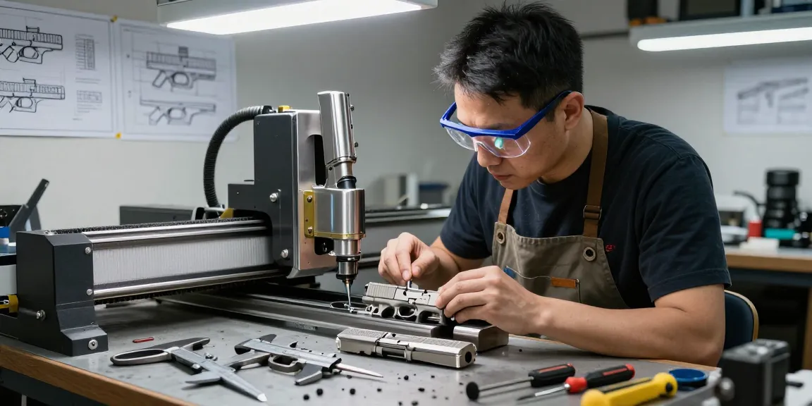Custom Glock slide milling at https://precisionglockslides.com workshop showcasing expert craftsmanship.