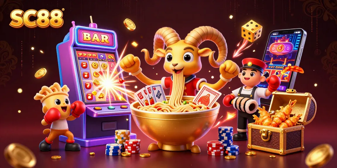 SC88’s vibrant casino scene showcases a giant ramen bowl dealer amidst a jackpot explosion.