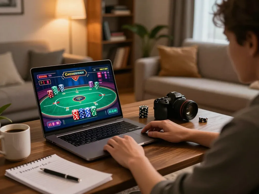 Ambiance engageante mettant en avant les meilleurs casino sans KYC avec un joueur profitant du poker en ligne dans un cadre confortable.