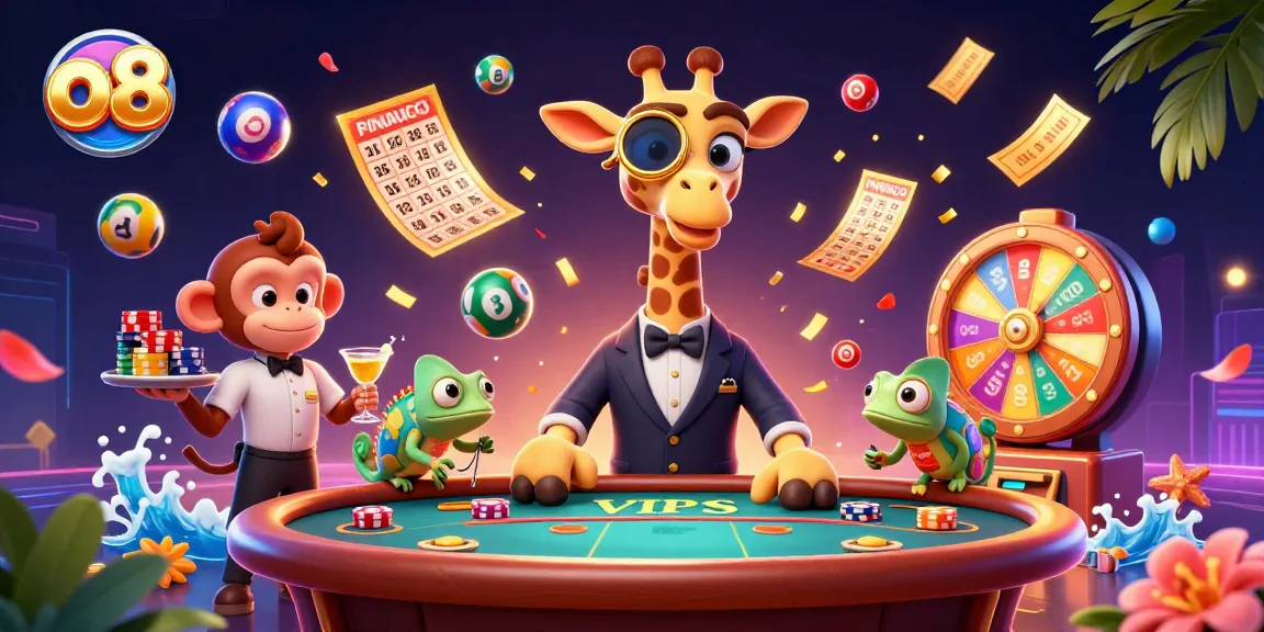 Win big at o8 with vibrant lottery elements and interactive casino characters in a dazzling setting.