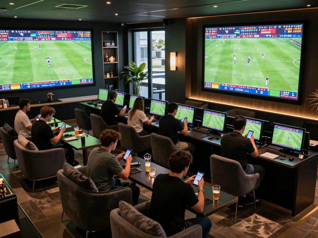 Engaged bettors analyzing live scores on 7m-7m sports betting screens in an upscale lounge.
