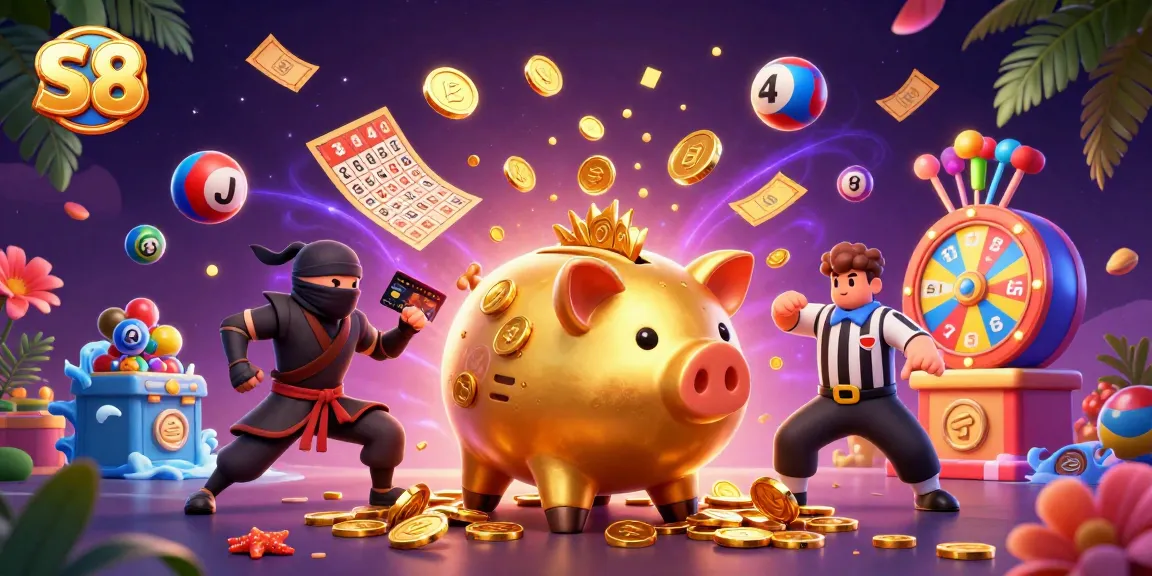 S8's vibrant casino illustration features an energetic scene with dynamic characters and casino elements.