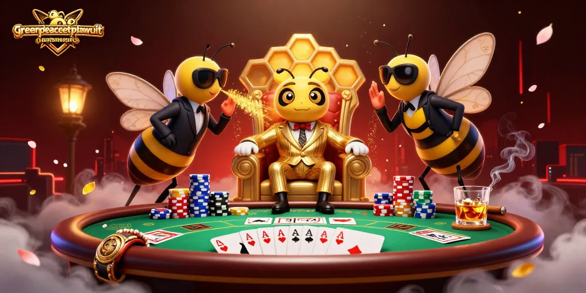 Engage with the greenpeaceetplawsuit as cartoon bumblebee mob boss plays poker in a vibrant casino scene.