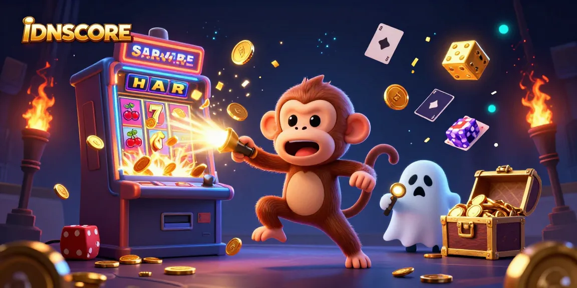 IDNSCORE players engaging with a playful poltergeist monkey and ghost-hunter puppy amidst exploding jackpot coins.
