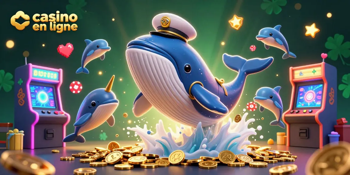 Jouez au casino en ligne avec une illustration ludique de baleine, narval et dauphins.