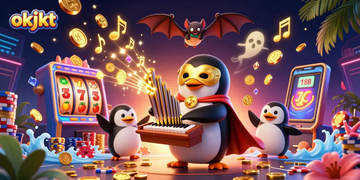 Menghasilkan koin emas dari organ pipa dalam ilustrasi okjkt yang penuh detail, menampilkan karakter penguin opera.