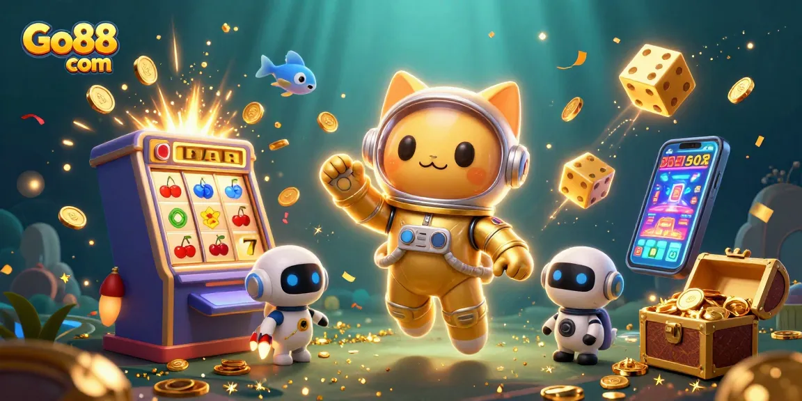 Experience the thrill of gambling with Go88 com, featuring a dynamic 3D cartoon scene of slots, jackpots, and vibrant characters