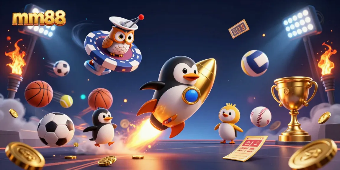 Win big at mm88 with a 3D penguin launching into a casino galaxy amidst flying sports balls and golden coins.