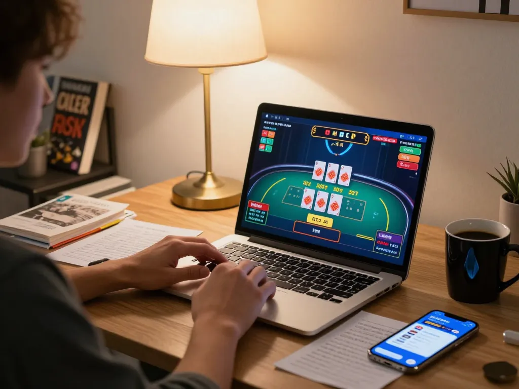 Scène de jeu en ligne captivante à domicile, mettant en avant les stratégies de retrait rapide de casino en ligne avec une ambiance chaleureuse, notes pour un jeu stratégique.