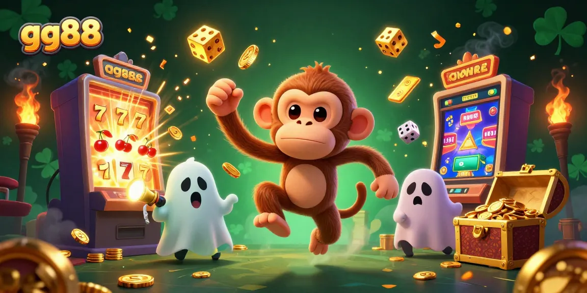 Experience thrilling gameplay at gg88 with a poltergeist monkey juggling golden treasures in a haunted casino.