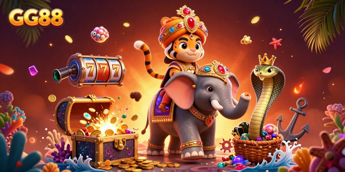 Experience the thrill of GG88 with vibrant cartoon elements and dynamic casino imagery.