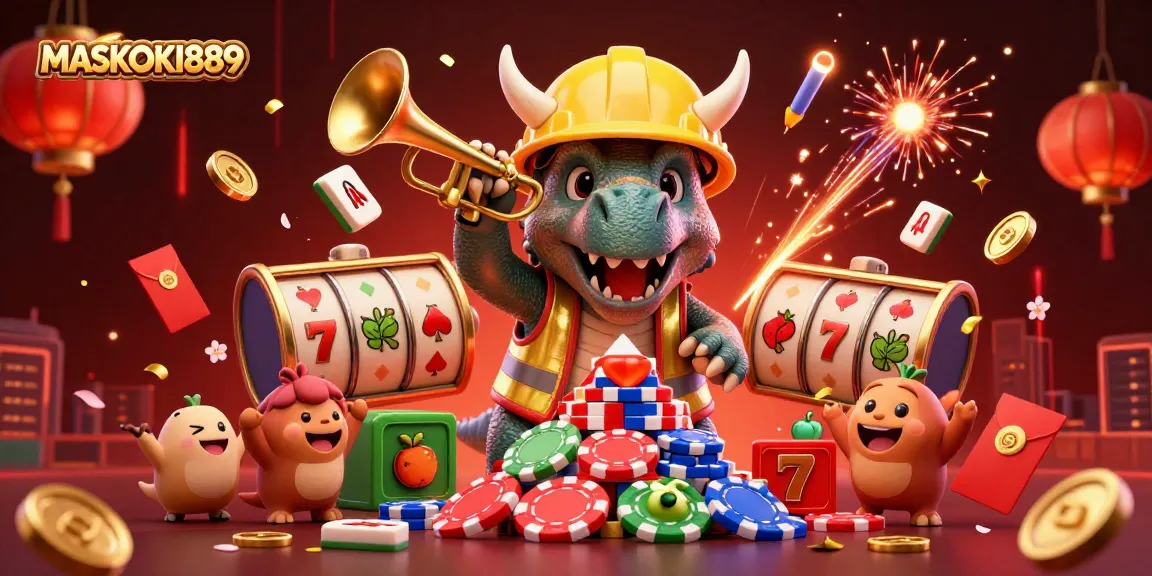 Celebrate thrilling wins at MASKOKI889 with vibrant slot games and festive 3D characters in a joyful casino scene.