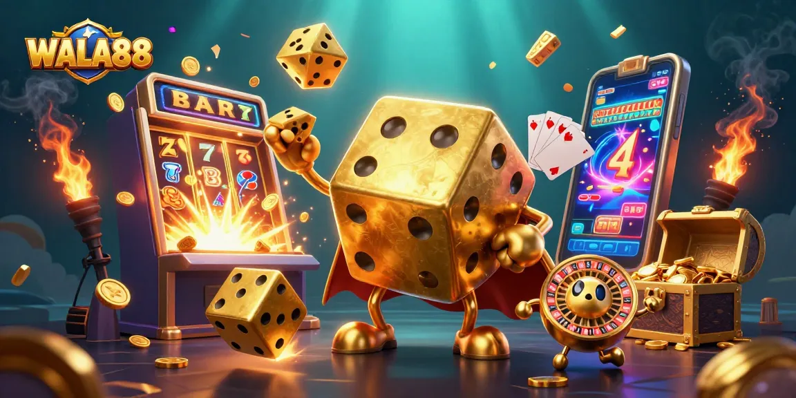 Experience thrilling action at WALA88 with a dynamic gambling scene featuring golden dice and big wins!