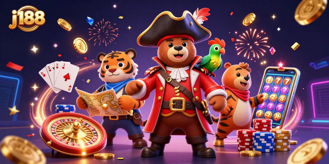 Experience thrilling games at j188 casino with a vibrant 3D pirate-themed illustration.