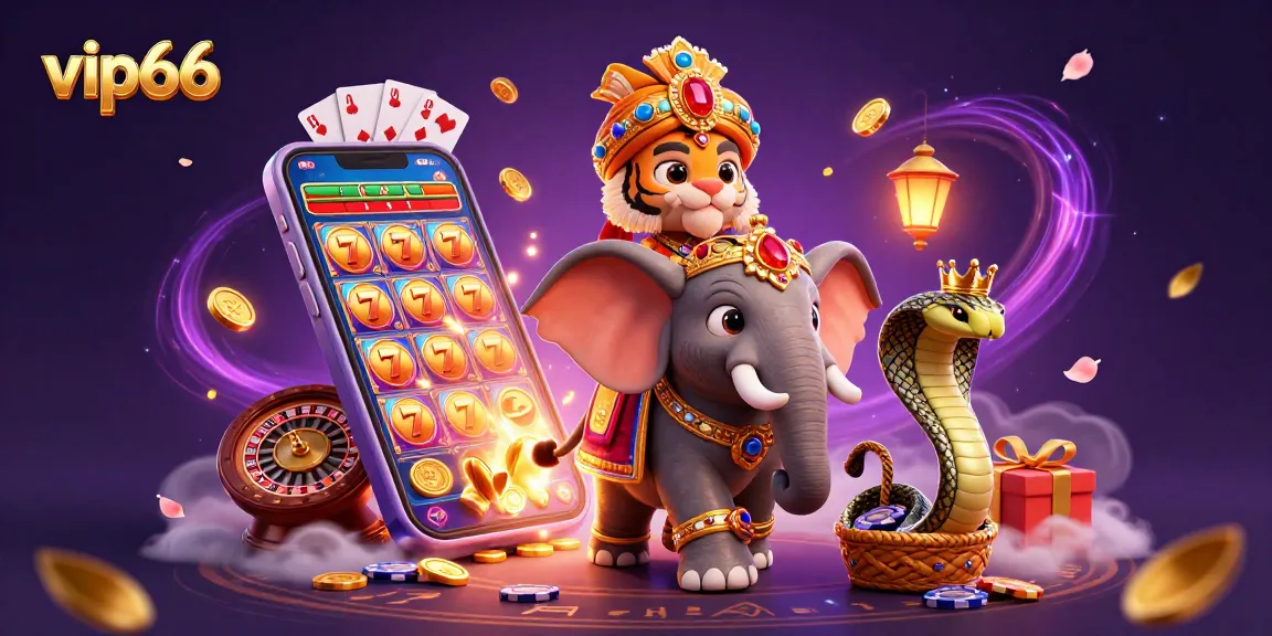 Win big with vip66 as a maharaja tiger rides an elephant amidst rich casino elements.