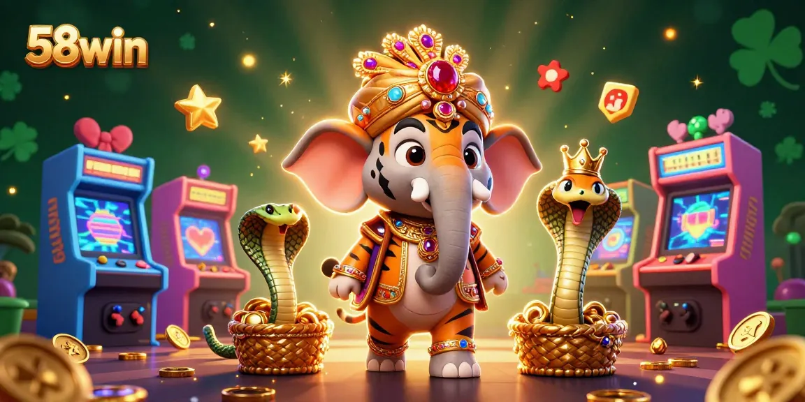 Experience the thrill of 58win with vibrant scenes of animated gaming action, featuring a majestic elephant and treasures.