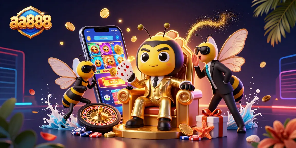 Engage with the thrilling action of aa888 through a vibrant 3D casino scene of characters amidst games.