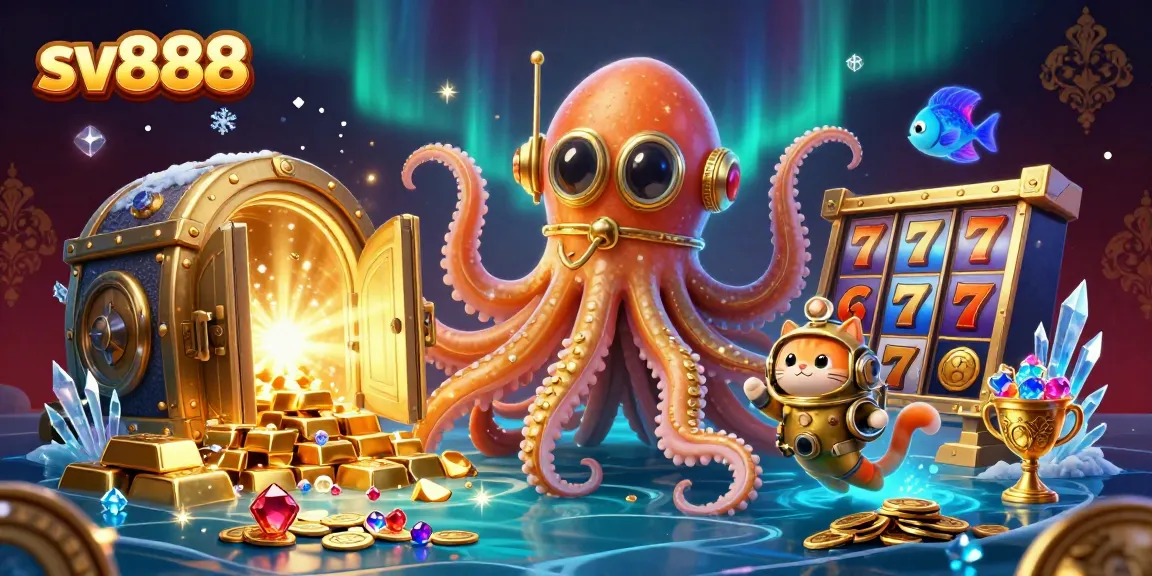 Experience the excitement of sv888 as you encounter a colossal kraken and treasure-filled ocean in this vibrant casino illustration.