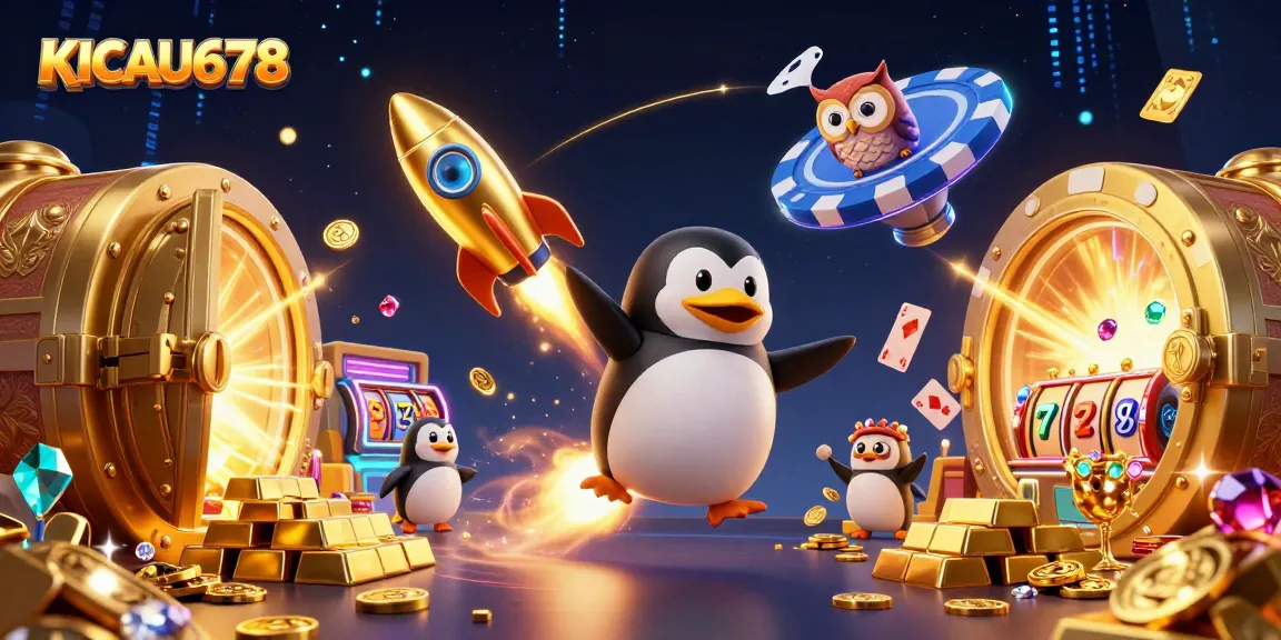 KICAU678 penguin blasts through space surrounded by dazzling casino treasures