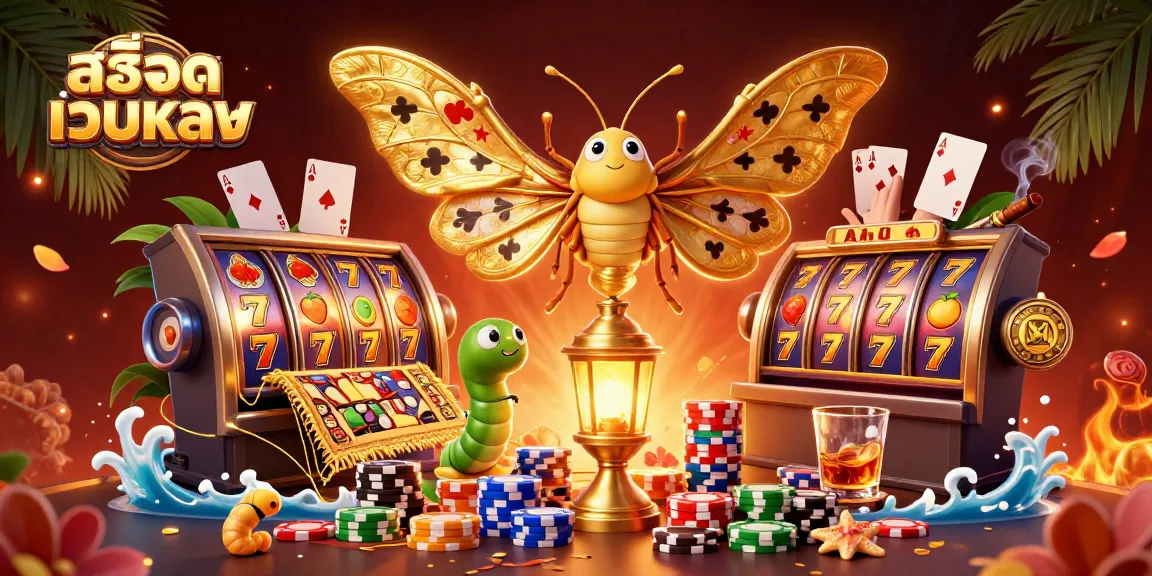Experience the excitement of สล็อตเว็บตรง with vibrant slots, poker chips, and a golden lantern.