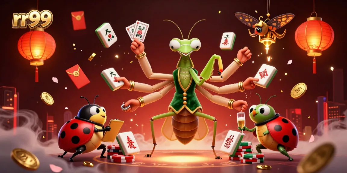 rr99 casino illustration featuring a giant praying mantis card sharp dealing cards amid festive decor