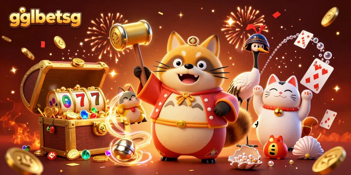 Bet on esports games with gglbetsg and enjoy a colorful scene featuring a cheerful tanuki and festive elements.