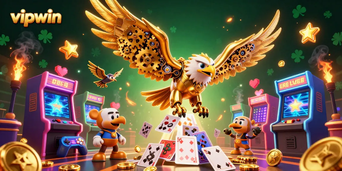 Experience thrilling gameplay at vipwin with our cybernetic eagle diving through holographic cards amidst vibrant arcade elements.