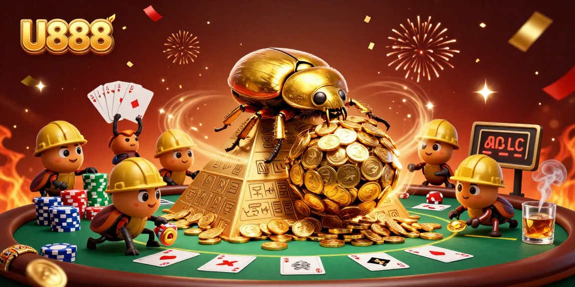 Experience U888 gaming excitement with a golden beetle rolling coins in a vibrant casino scene.