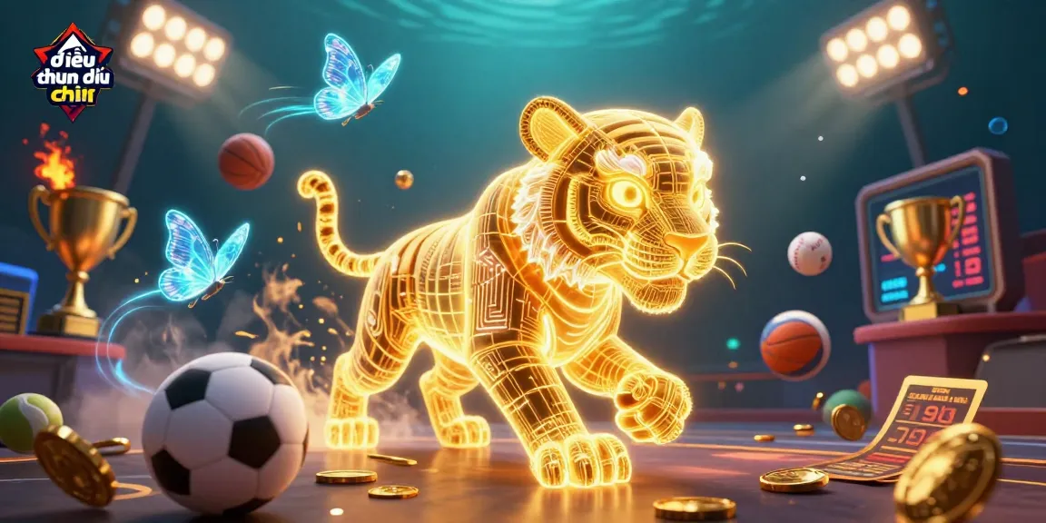 Experience the vibrant digital casino landscape with the điều khoản điều kiện actively showcased, featuring a neon golden tiger and sports elements.