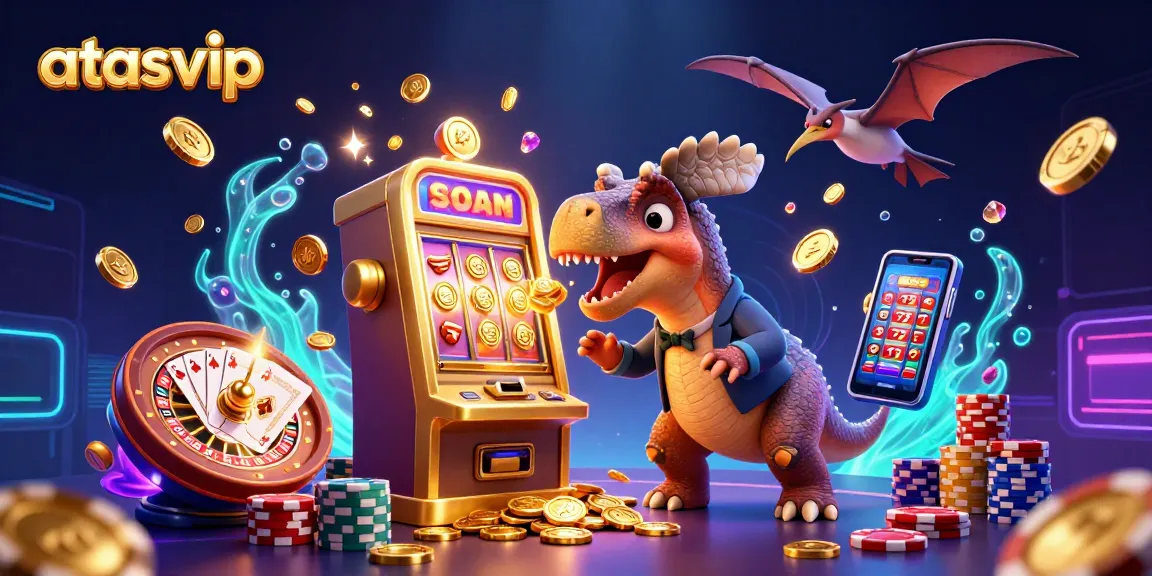 Experience the thrill of atasvip with a cartoon dinosaur winning jackpots, surrounded by vibrant casino elements.