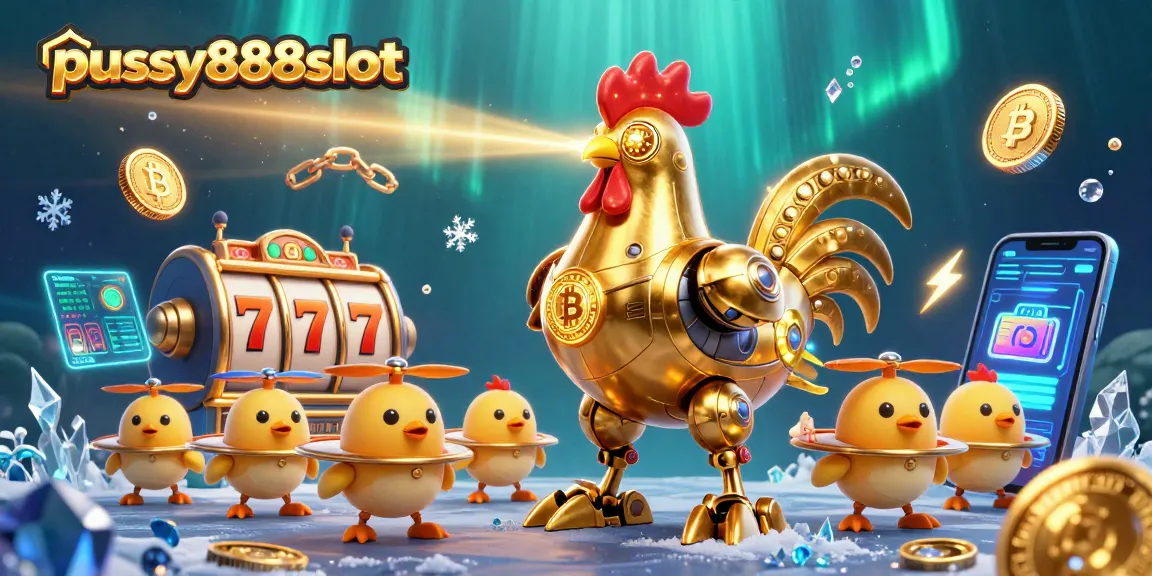 Pussy888slot inspires excitement as players engage in vibrant slot games, surrounded by neon crypto coins and jackpot elements.